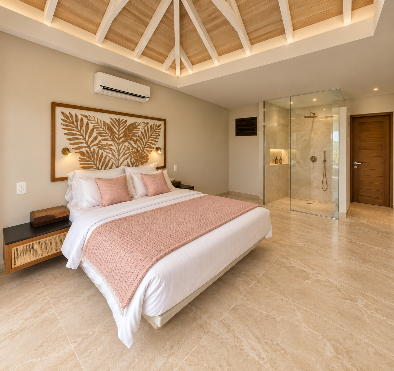 Chambre tropicale avec douche vitrée