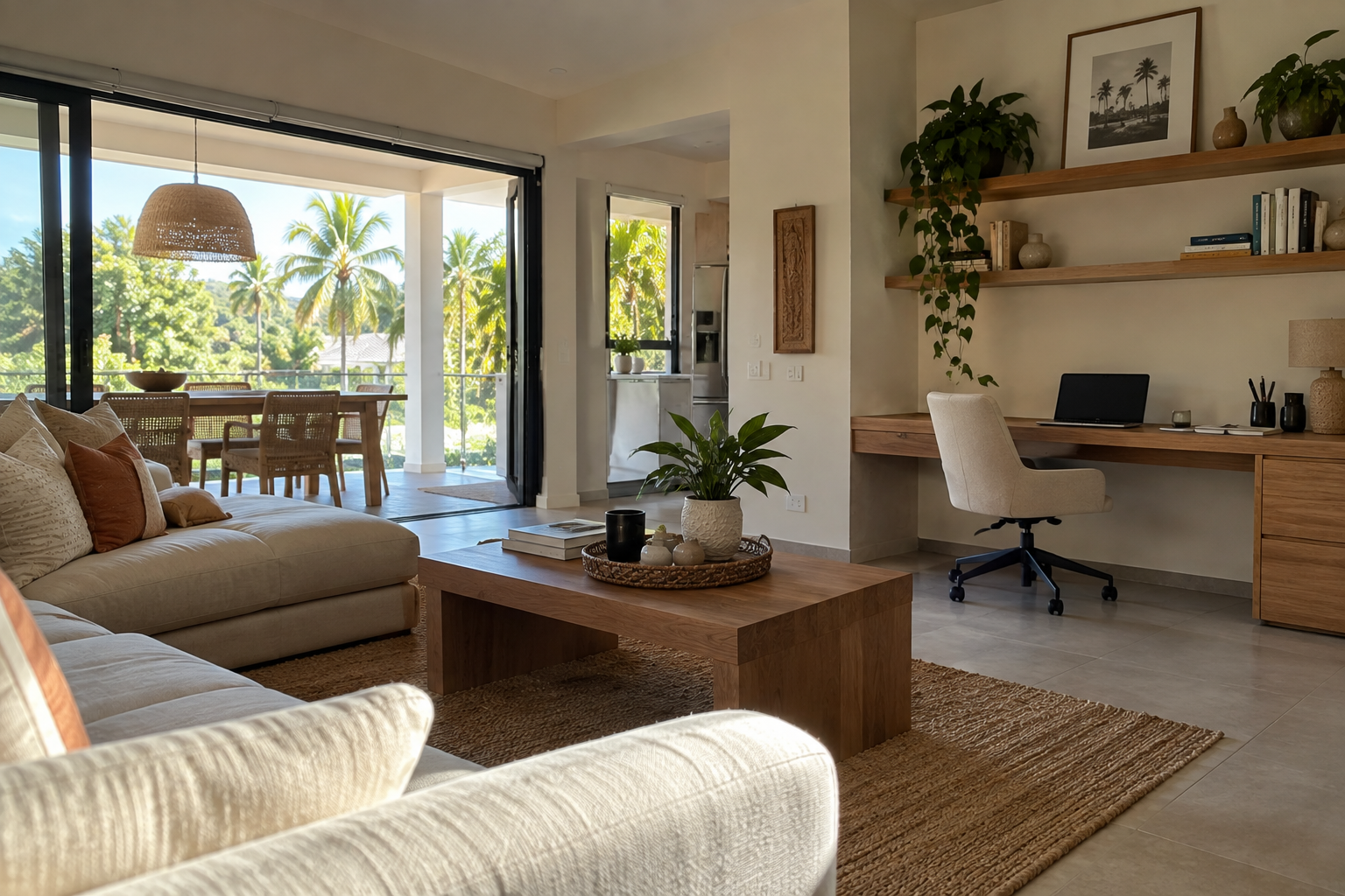 Salon tropical avec coin bureau en bois