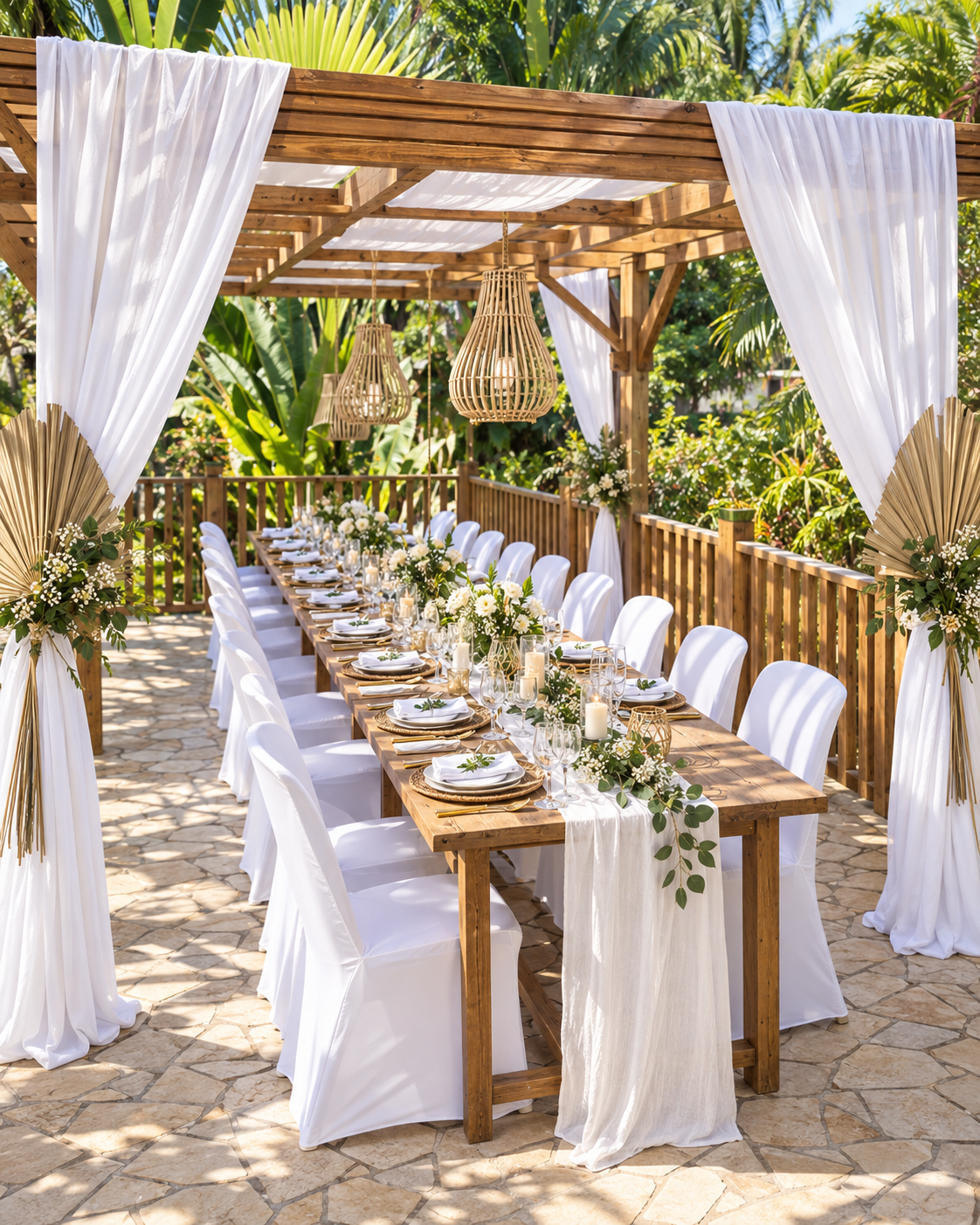 Longue table dressée pour un mariage